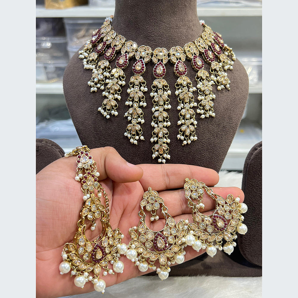 Hira Collections Luxurious Crystal And Beads Pearl Ensemble Choker Necklace Set