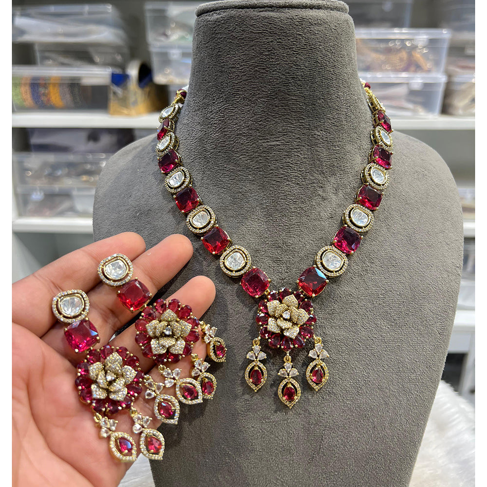 Hira Collection Shimmering American Diamond Floral Design Necklace Set