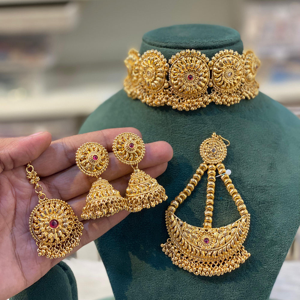 Hira Collection Gold Plated Earrings With Maang Tikka And Pasa