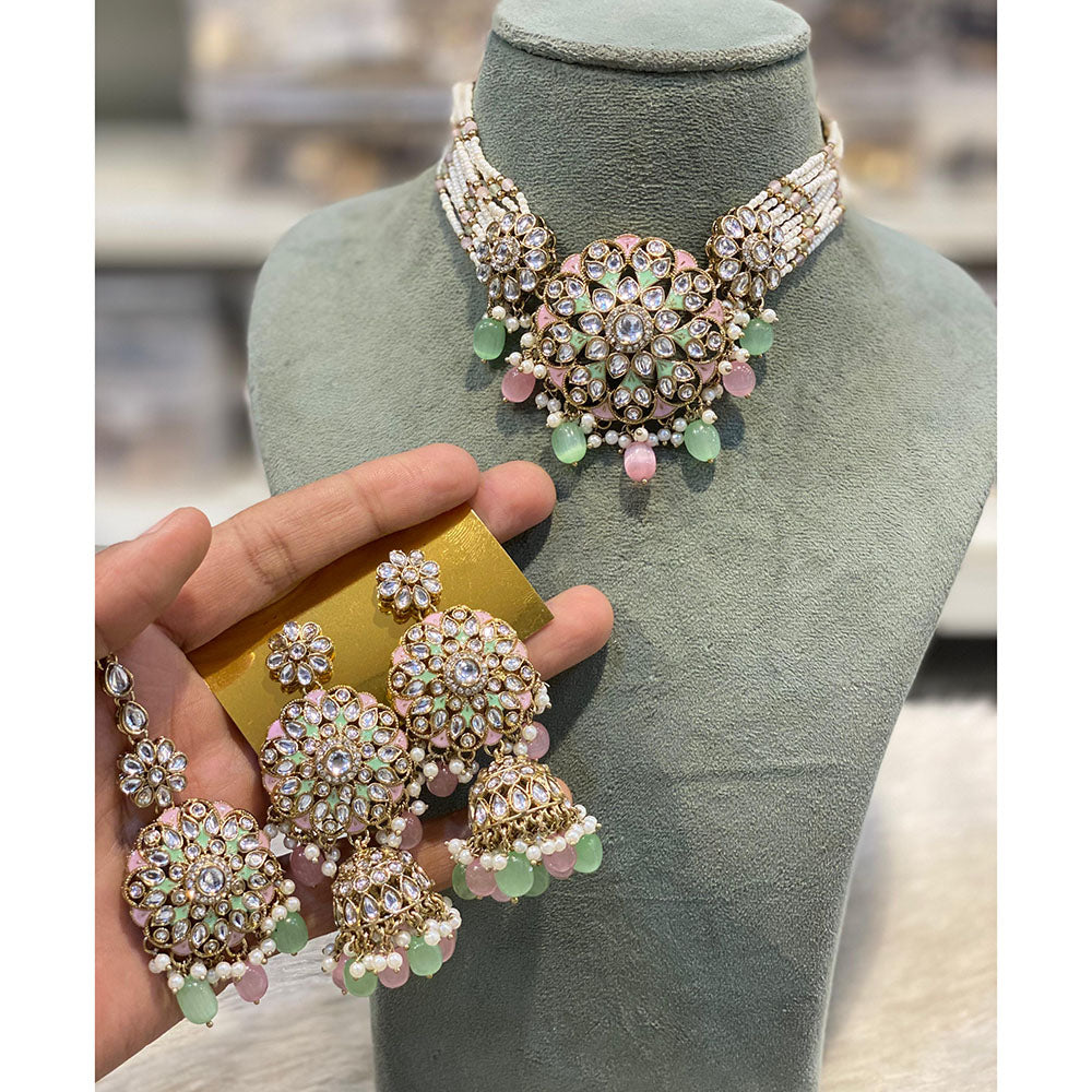 Hira Collections Luxury Kundan Stone Pearl And Beads Meenakari Choker Necklace Set