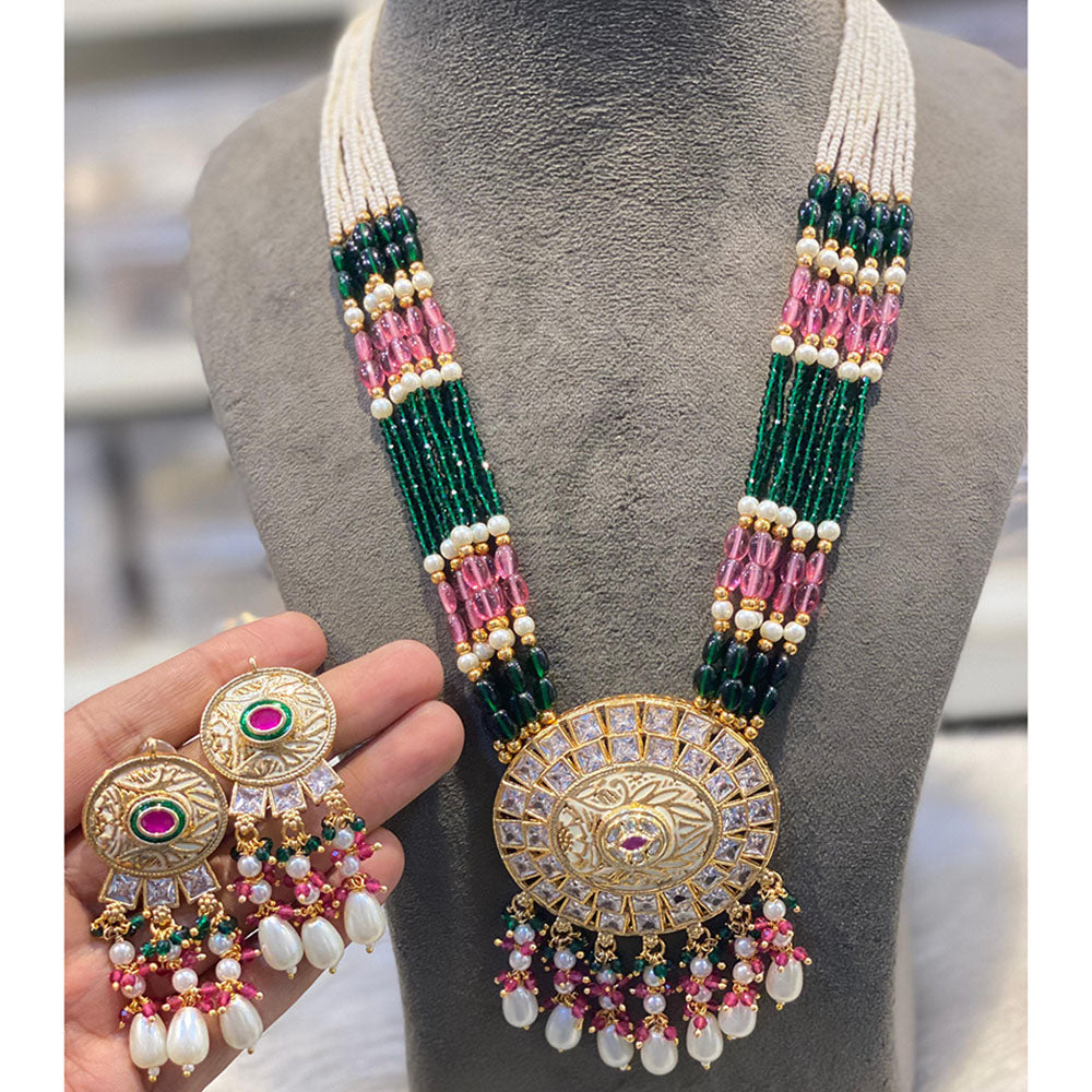 Hira Collections Luxury Pota Stone Pearl And Beads Meenakari Long Necklace Set