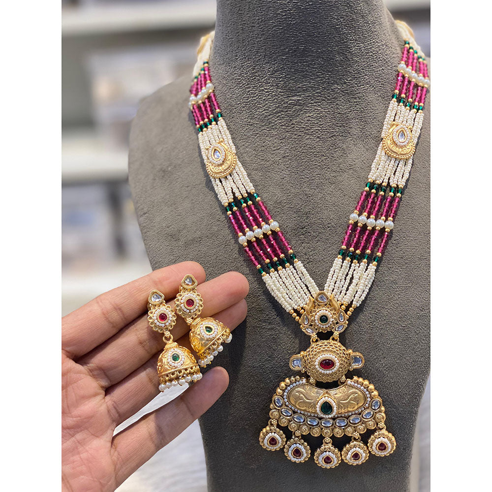 Hira Collections Luxury Pota Stone Pearl And Beads Long Necklace Set
