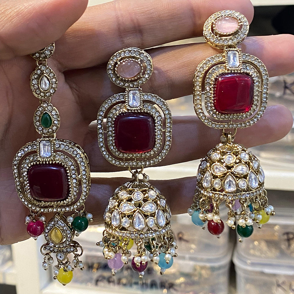 Hira Collections Designer Pota Stone And Beads Jhumki Earrings With Maangtikka