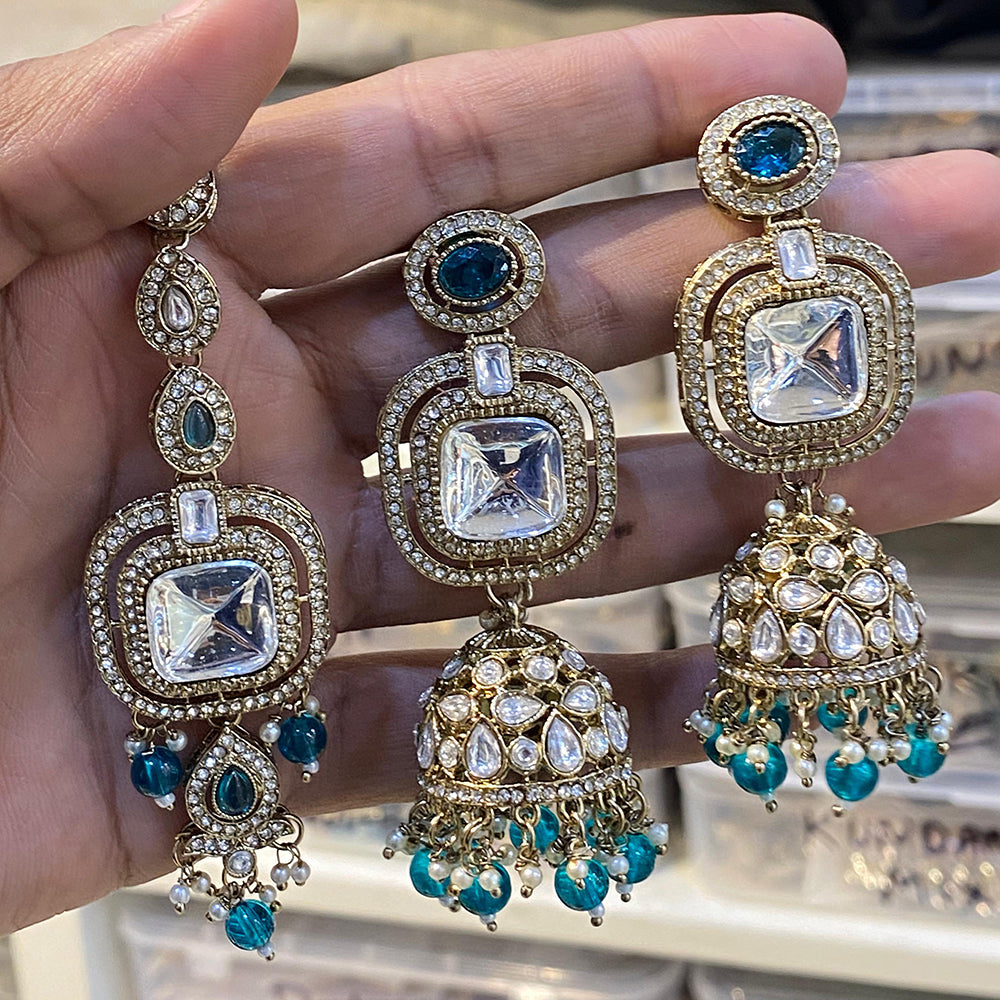 Hira Collections Designer Pota Stone And Beads Jhumki Earrings With Maangtikka