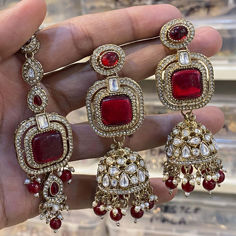 Hira Collections Designer Pota Stone And Beads Jhumki Earrings With Maangtikka