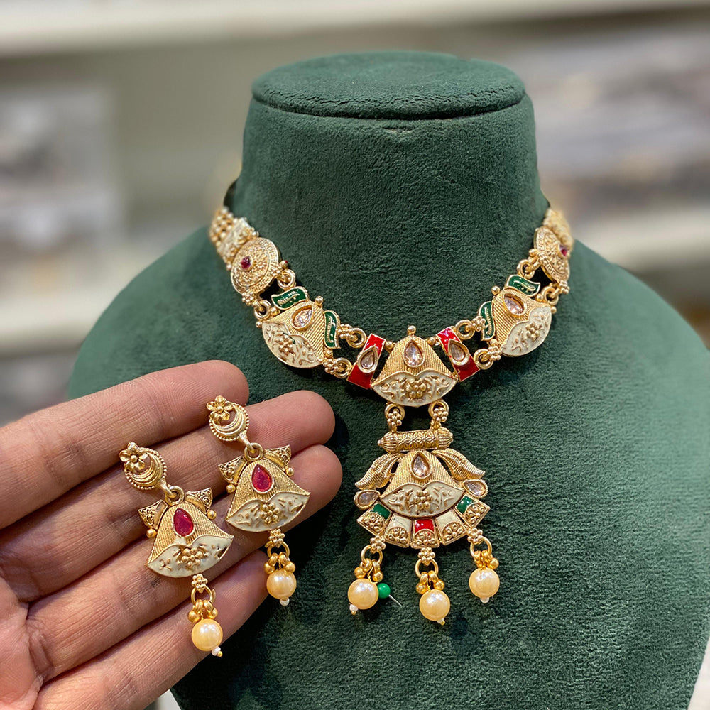 Hira Collections Royal Pota Stone Pearl Meenakari Necklace Set