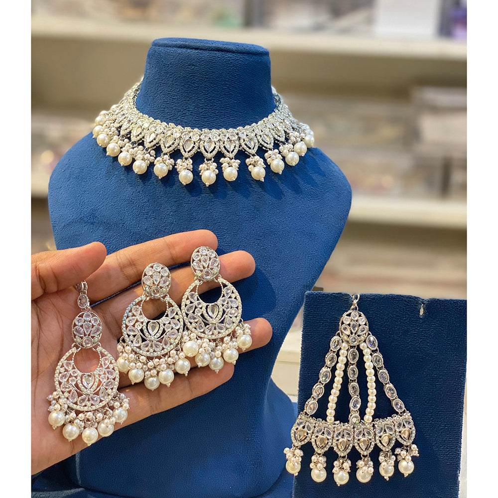 Hira Collections Elegant Crystal Stone Pearl And Beads Choker Necklace Set