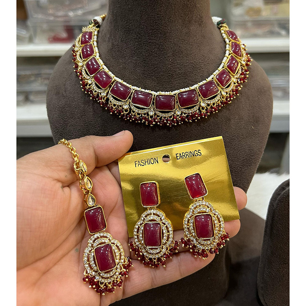 Hira Collections Elegant Pota Stone And Austrian Stone Pearl Choker Necklace Set