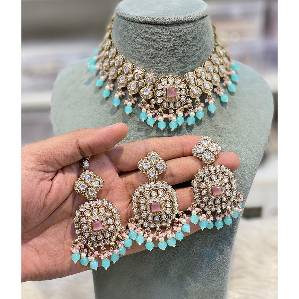 Hira Collections Elegant Pota Stone And Austrian Stone Pearl Choker Necklace Set