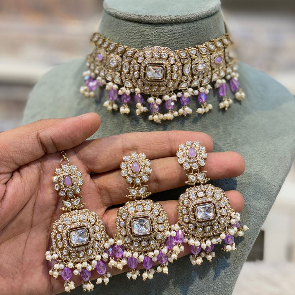 Hira Collections Elegant Pota Stone And Austrian Stone Pearl Choker Necklace Set