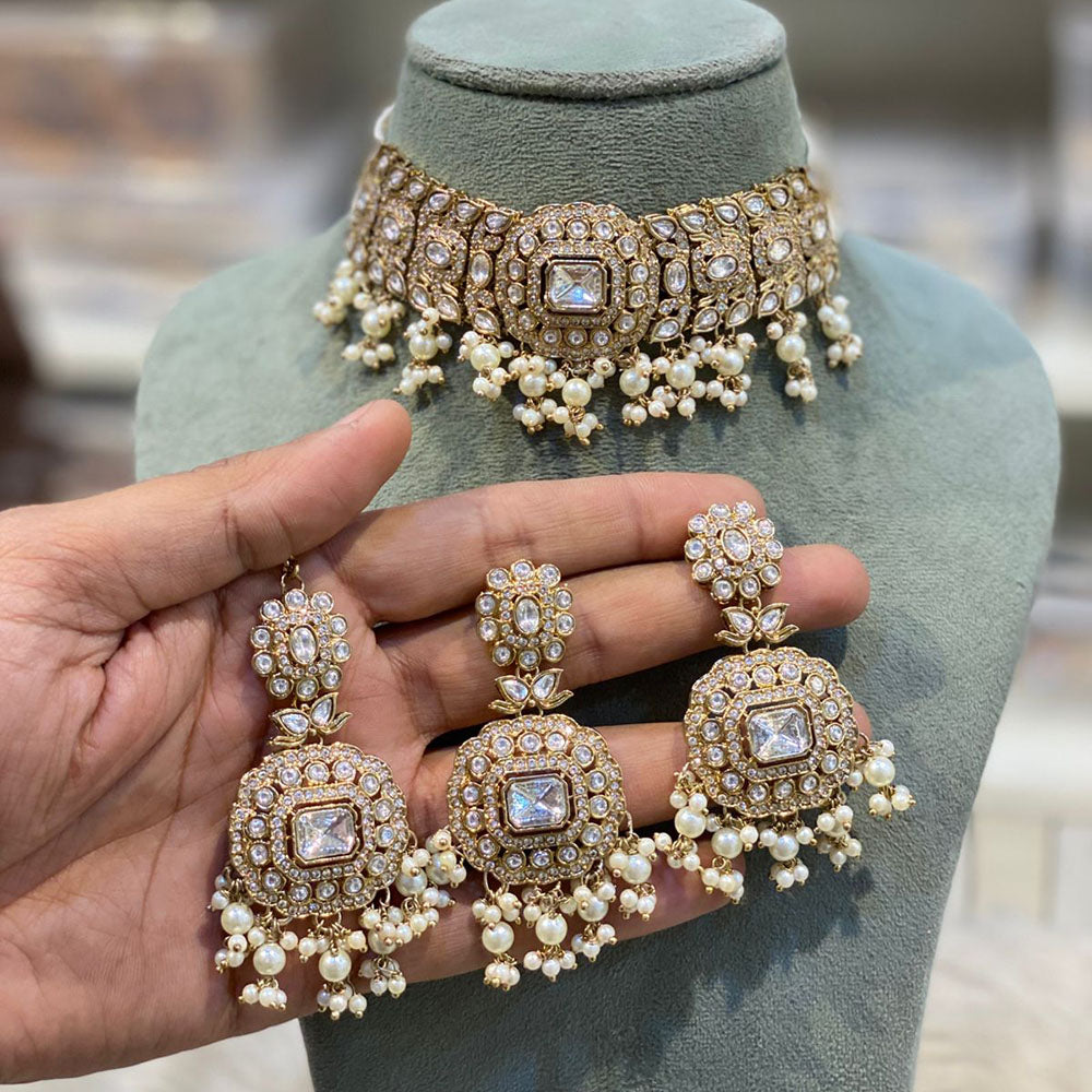 Hira Collections Elegant Pota Stone And Austrian Stone Pearl Choker Necklace Set