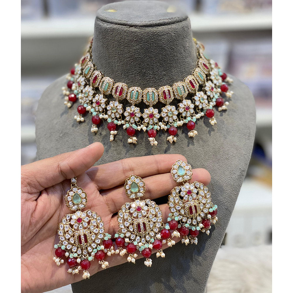Hira Collections Elegant Pota Stone And Austrian Stone Pearl Choker Necklace Set