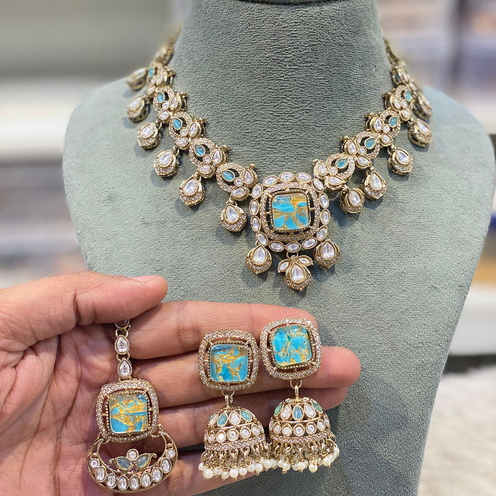 Hira Collections Glamorous Druzy Crystal Stone And Pearl Necklace Set
