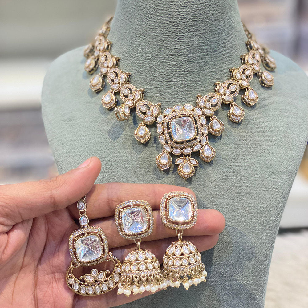 Hira Collections Elegant Pota Stone And Austrian Stone Pearl Necklace Set