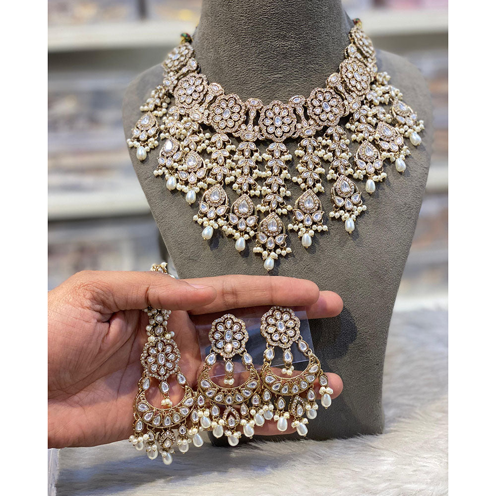 Hira Collections Elegant Pota Stone And Austrian Stone Pearl Choker Necklace Set