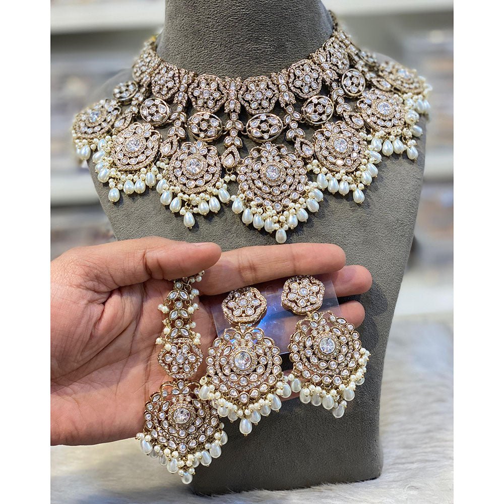 Hira Collections Elegant Pota Stone And Austrian Stone Pearl Choker Necklace Set