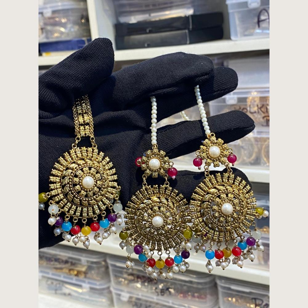 Hira Collections Stylish Beads And Pearl Dangler Earrings With Maang Tikka