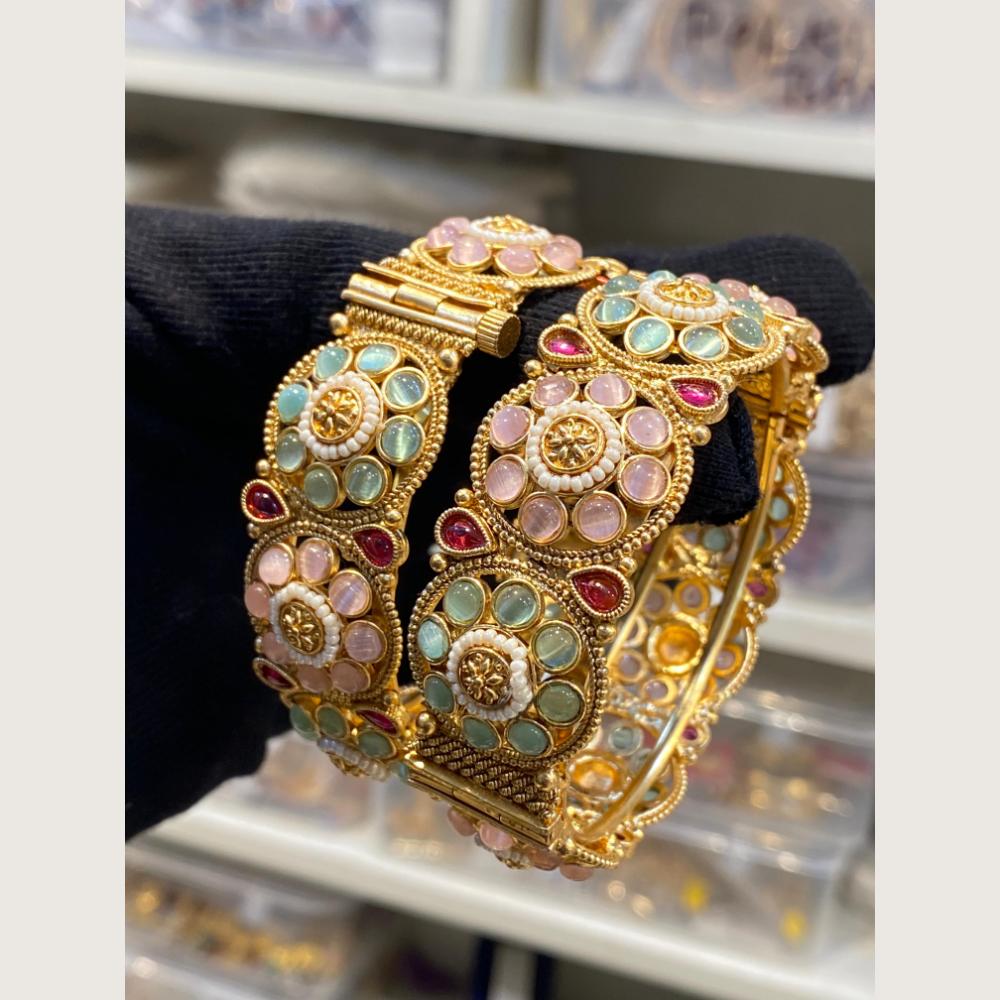 Hira Collections Royal Pota Stone And Pearl Openable Bangles Set