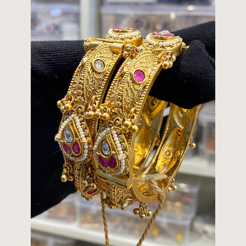Hira Collections Royal Pota Stone And Pearl Openable Bangles Set