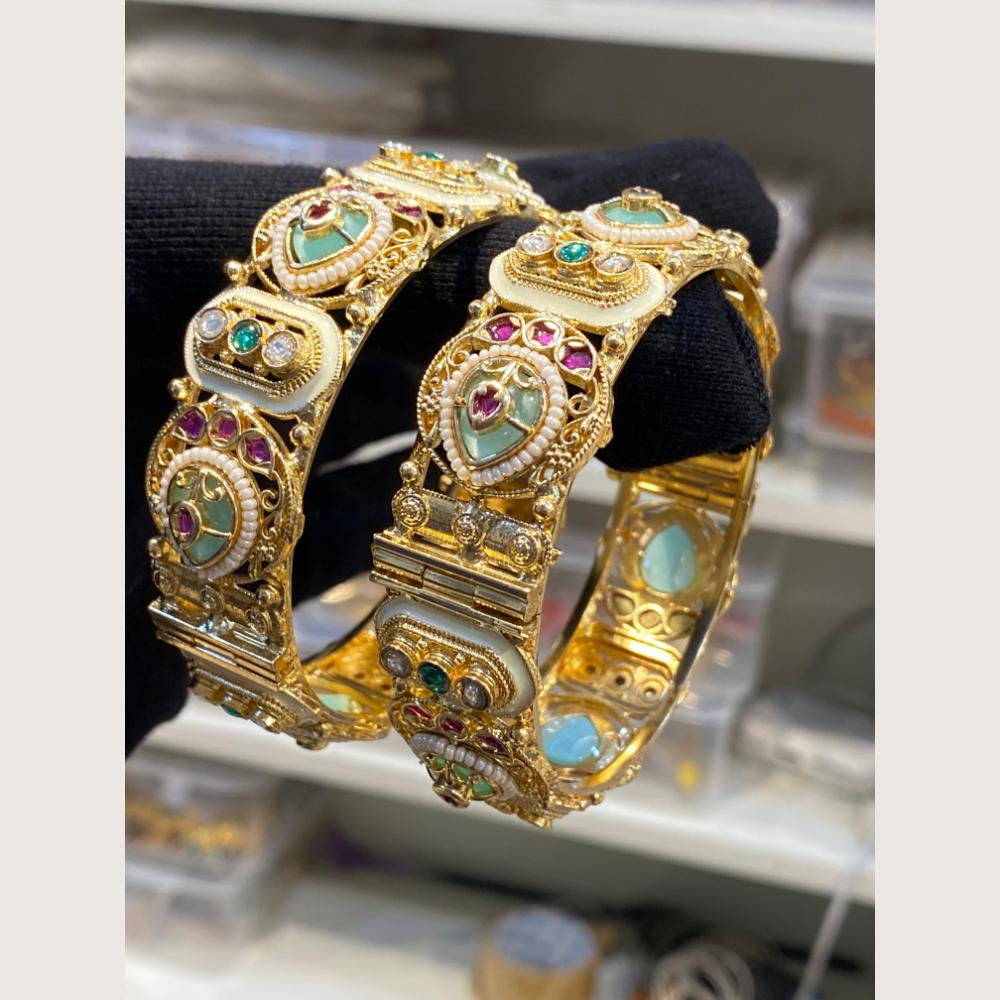 Hira Collections Royal Pota Stone And Pearl Openable Bangles Set