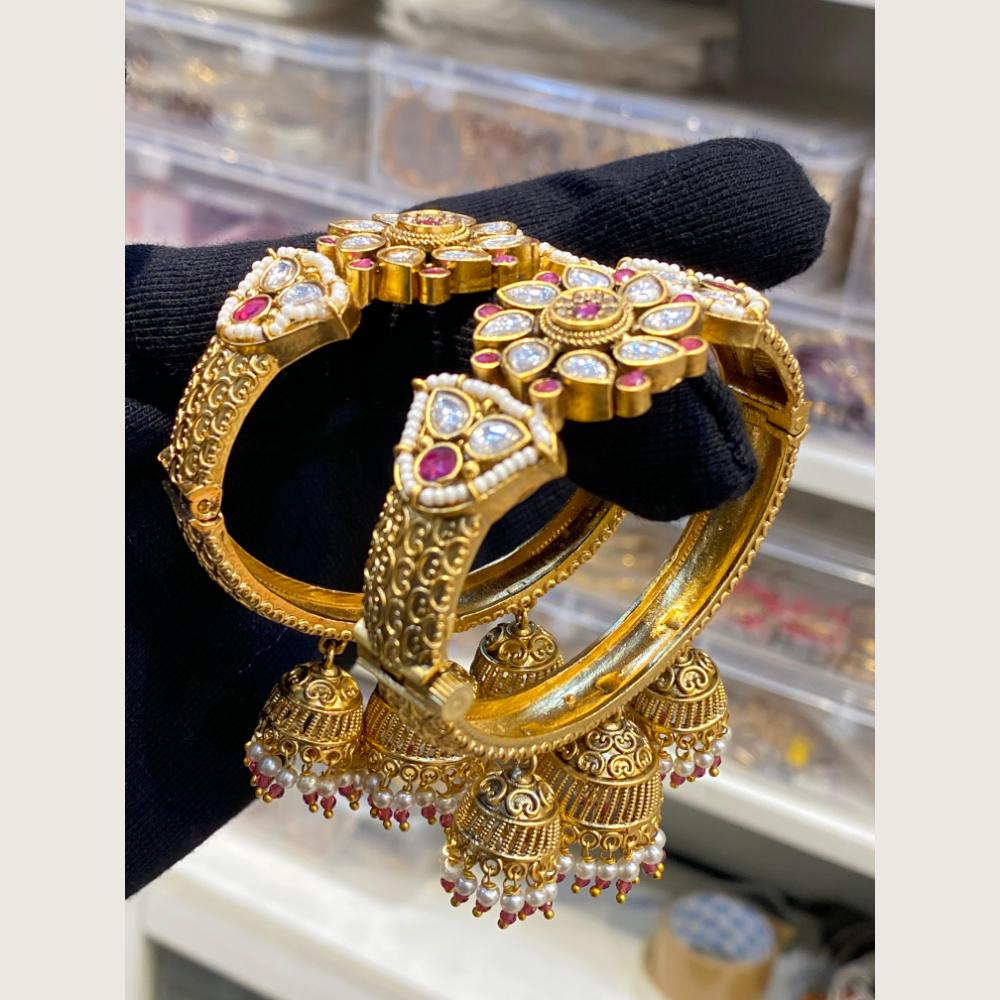 Hira Collections Royal Pota Stone And Pearl Openable Bangles Set