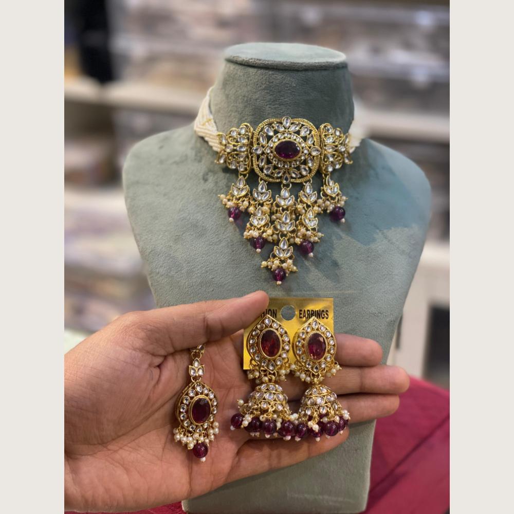 Hira Collections Elegant Kundan Stone And Beads Choker Necklace Set