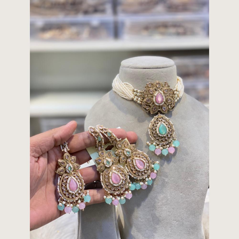 Hira Collections Classic Pota And Crystal Stone Beads Choker Necklace Set
