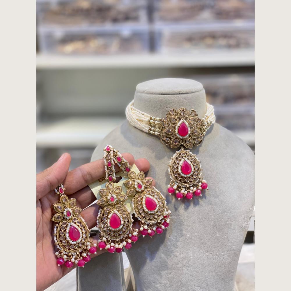 Hira Collections Classic Pota And Crystal Stone Beads Choker Necklace Set
