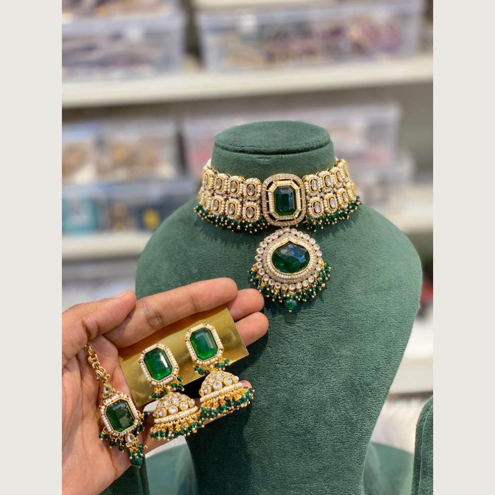 Hira Collections Classic Pota And Crystal Stone Beads Choker Necklace Set