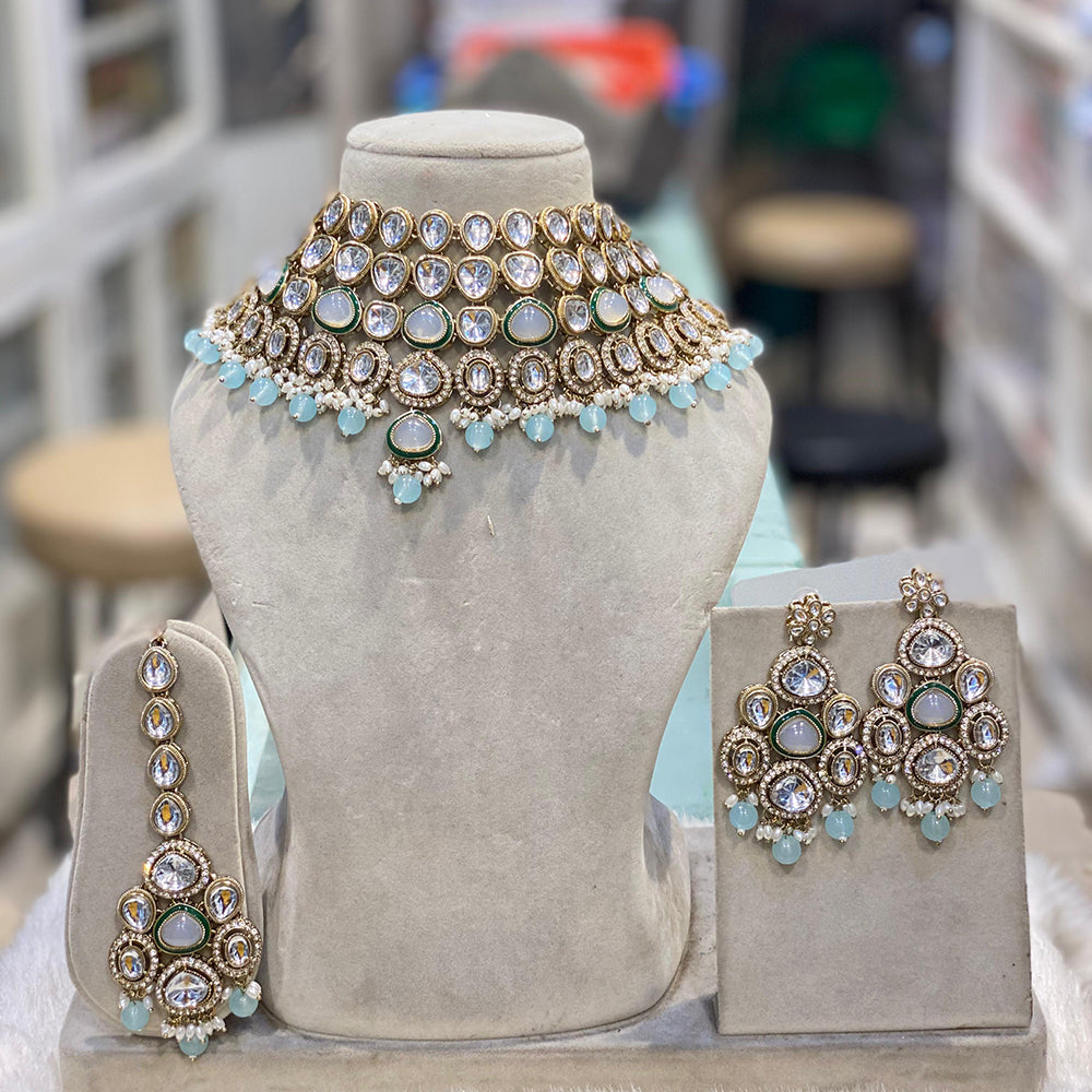 Hira Collections Glamorous Kundan And Pota Stone Pearl Choker Necklace Set