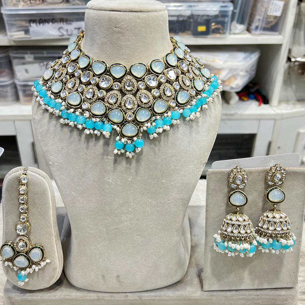 Hira Collections Glamorous Kundan And Pota Stone Pearl Choker Necklace Set