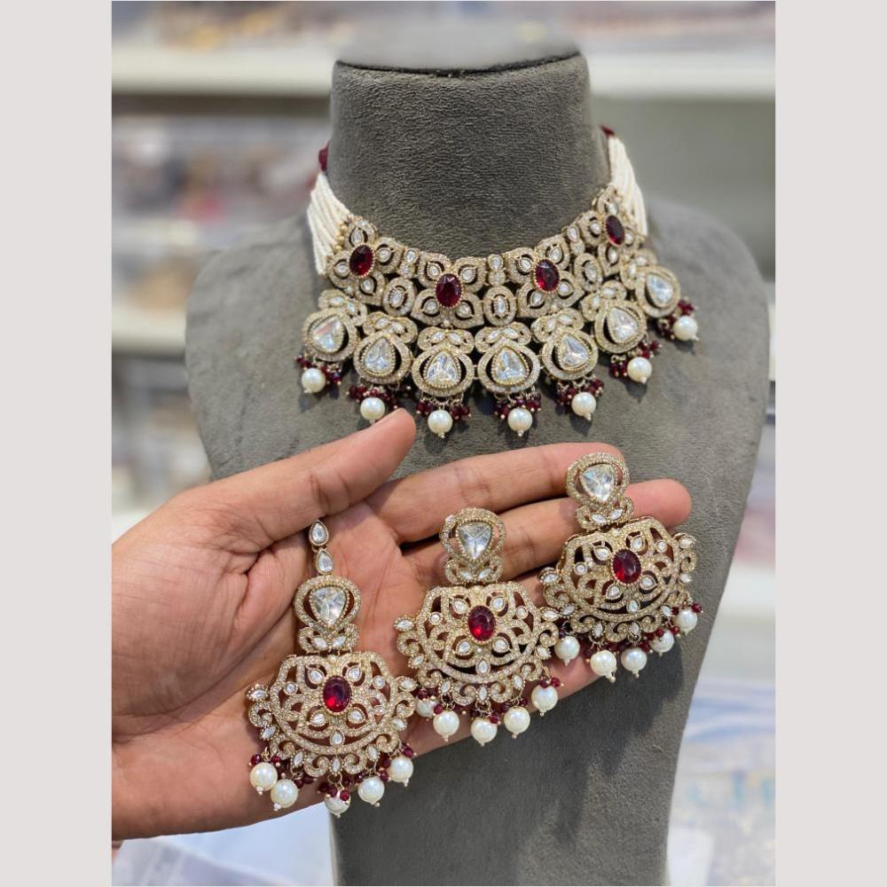 Hira Collections Glamorous Kundan And Pota Stone Pearl Choker Necklace Set