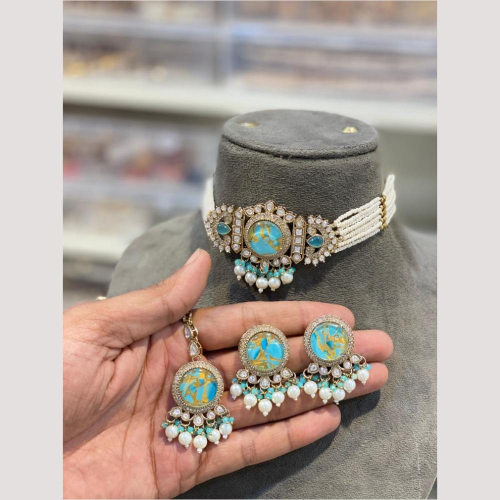 Hira Collections Glamorous Druzy Crystal Stone And Pearl Choker Necklace Set