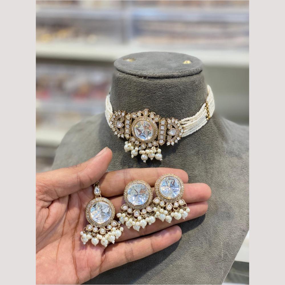 Hira Collections Glamorous Druzy Crystal Stone And Pearl Choker Necklace Set