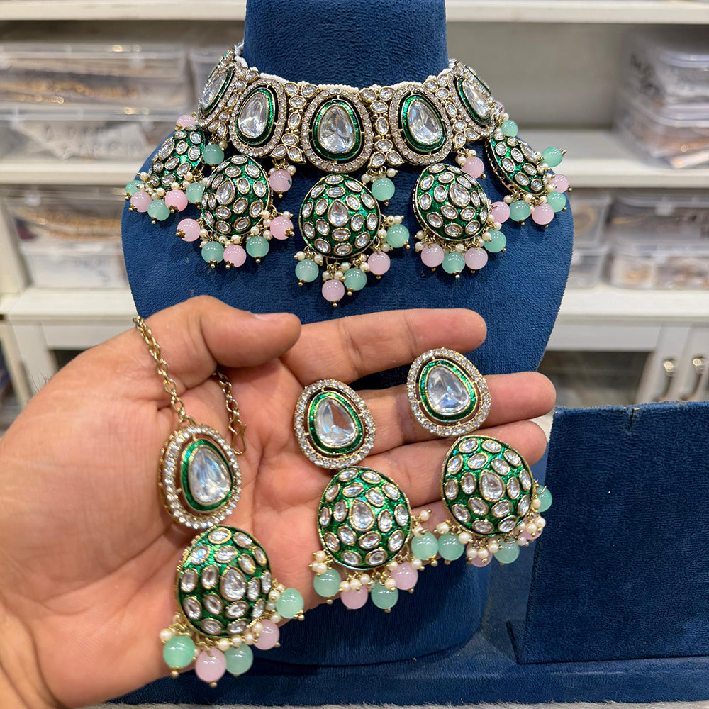 Hira Collections Kundan Stone Glamorous Pearl And Beads Choker Necklace Set