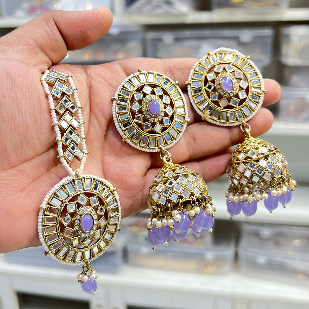 Hira Collections Designer Mirror And Beads Jhumki Earrings With Maangtikka