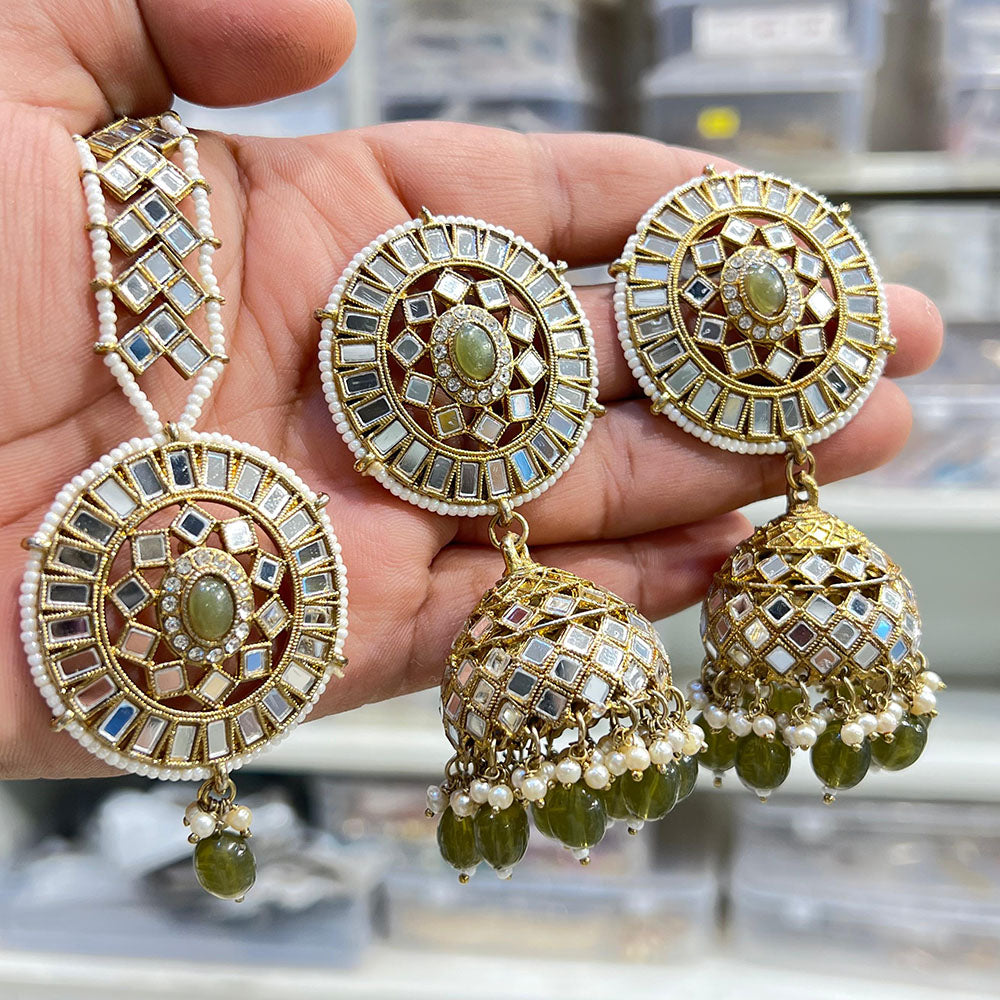 Hira Collections Designer Mirror And Beads Jhumki Earrings With Maangtikka
