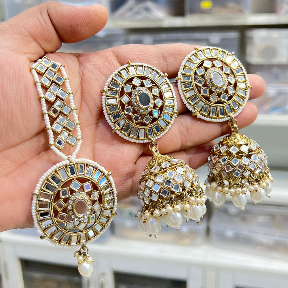 Hira Collections Designer Mirror And Beads Jhumki Earrings With Maangtikka