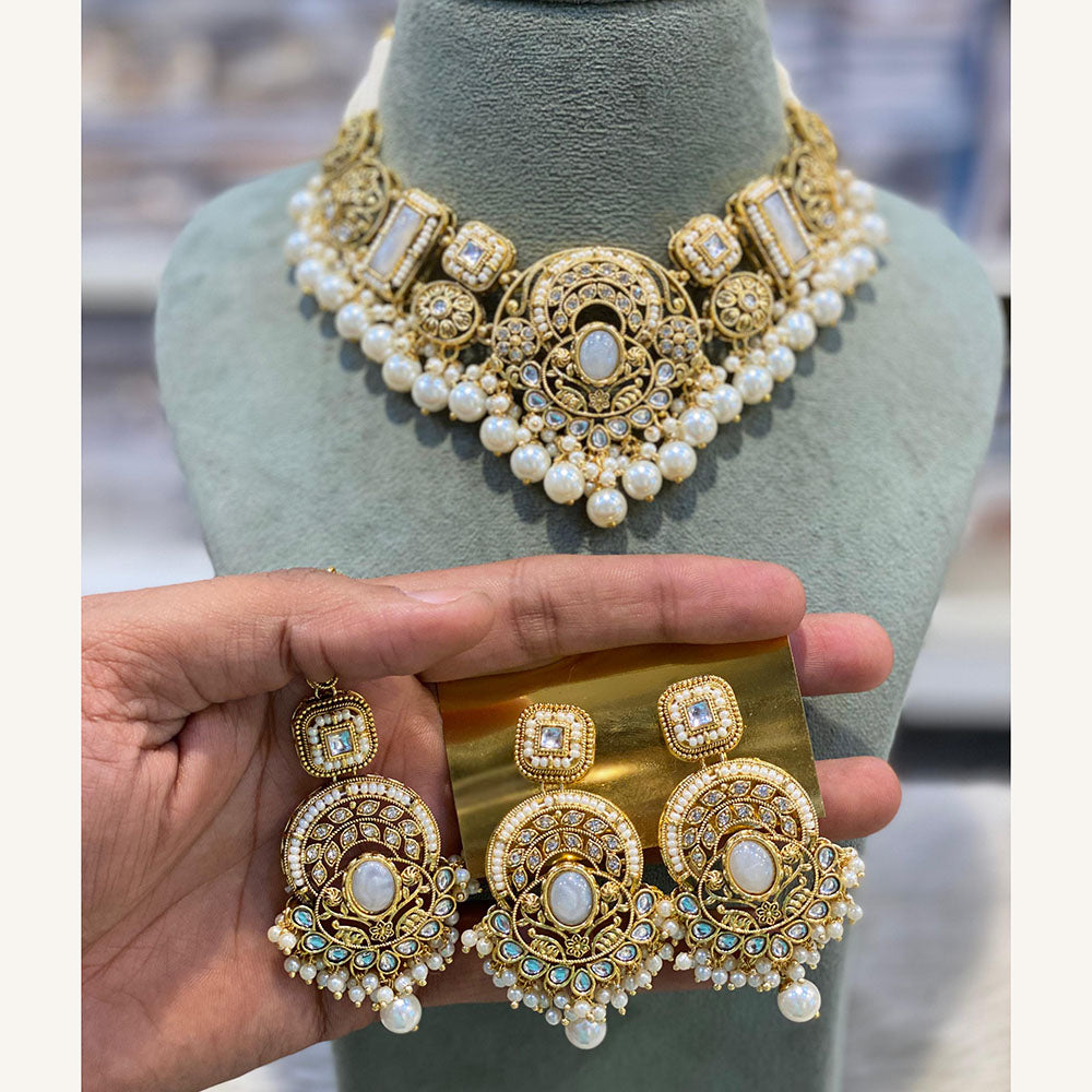 Hira Collections Exclusive Kundan Stone Pearl And Beads Choker Necklace Set