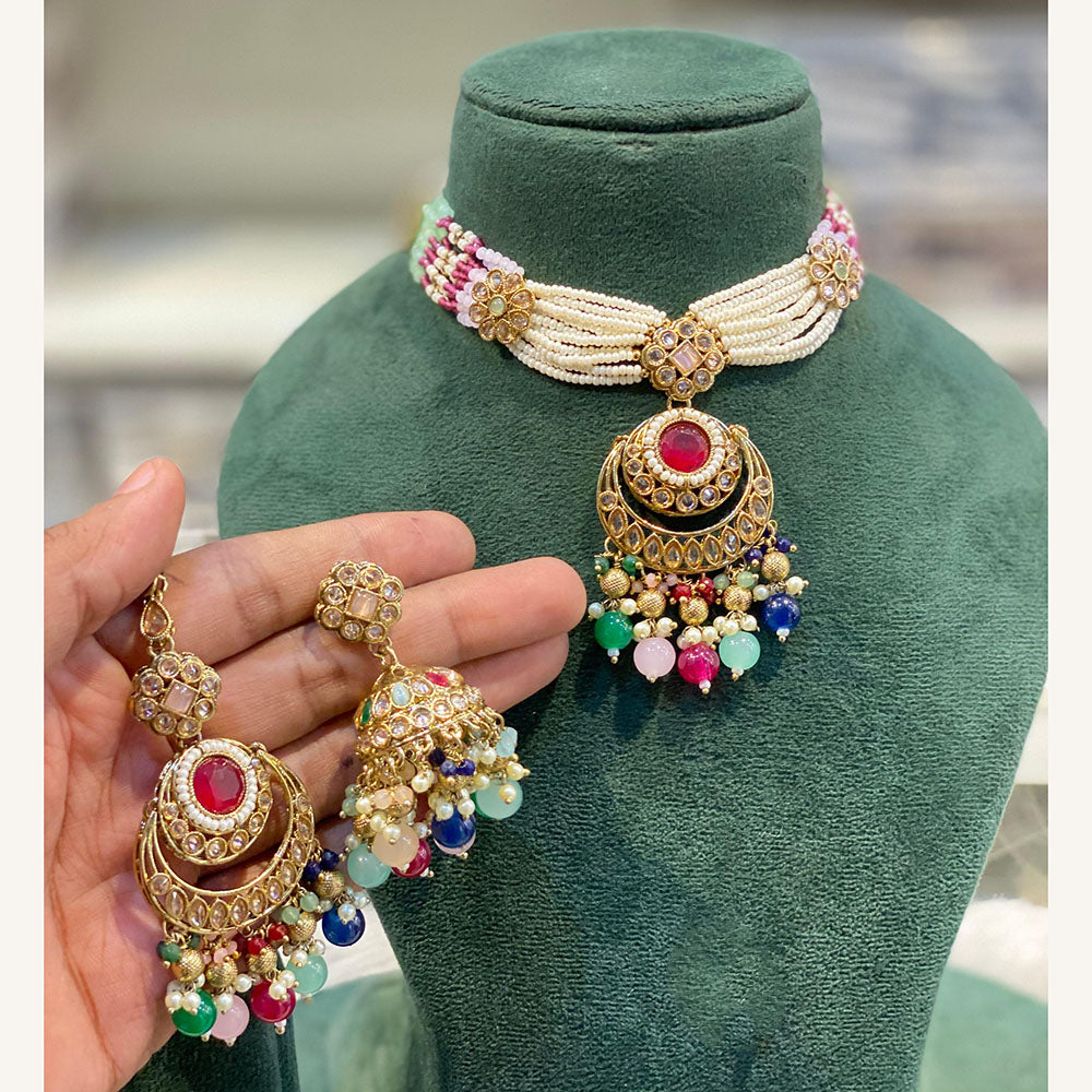 Hira Collections Exclusive Pota Stone Pearl And Beads Choker Necklace Set