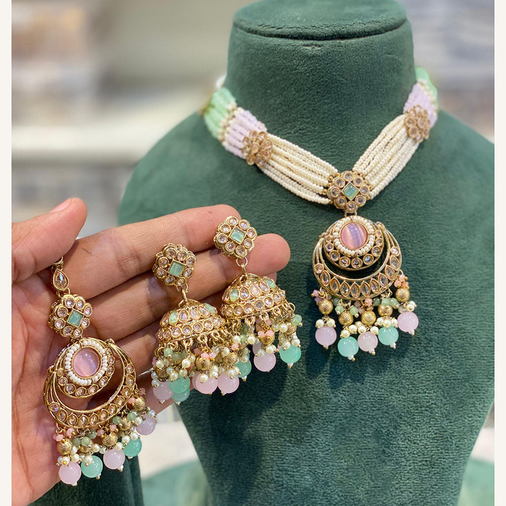 Hira Collections Exclusive Pota Stone Pearl And Beads Choker Necklace Set