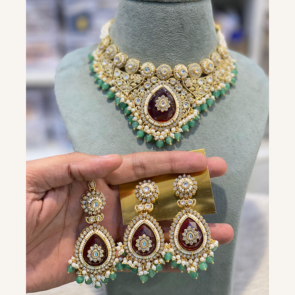 Hira Collections Exclusive Kundan Stone Pearl And Beads Choker Necklace Set