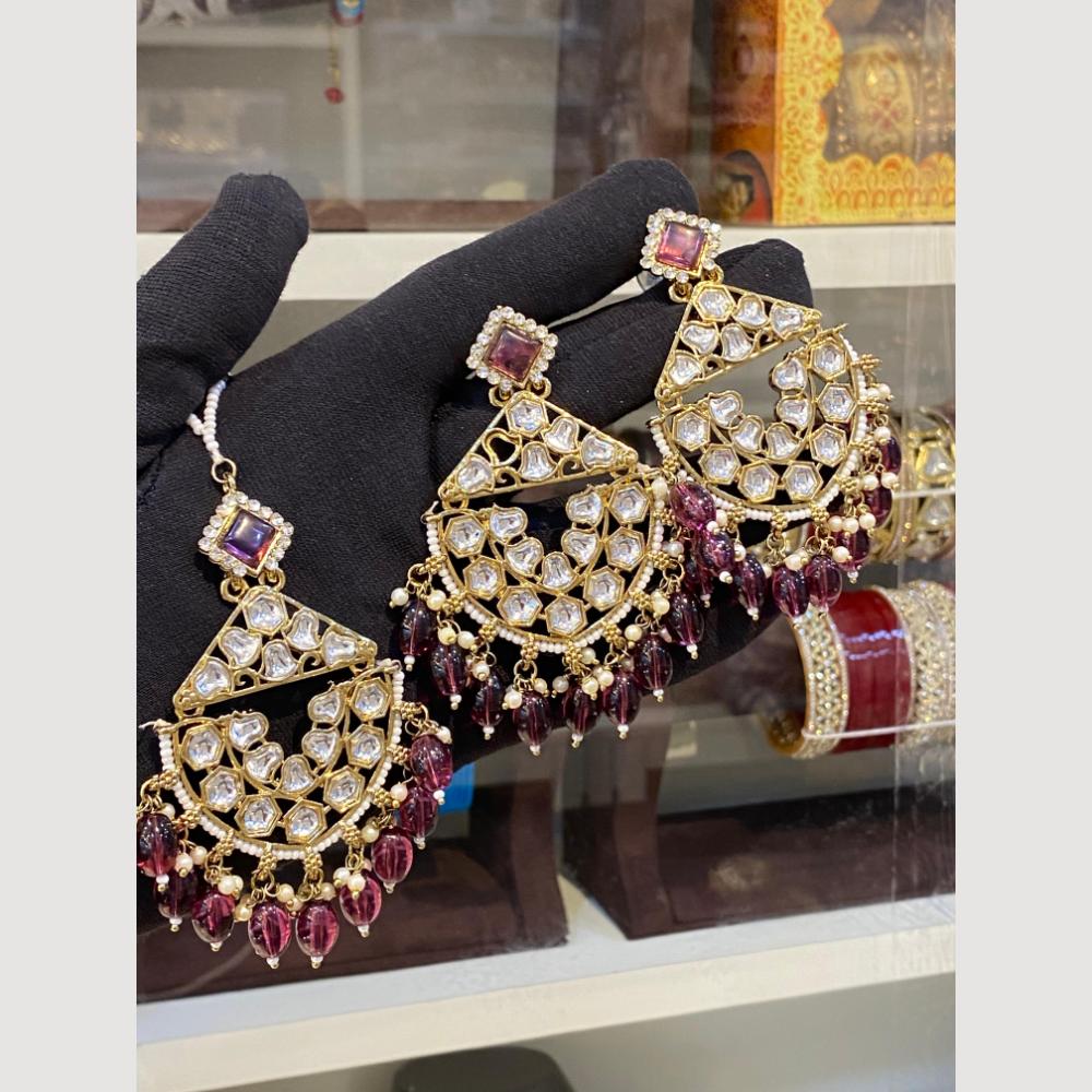 Hira Collections Royal Kundan Pearl And Beads Earrings With Elegant Maangtikka Set