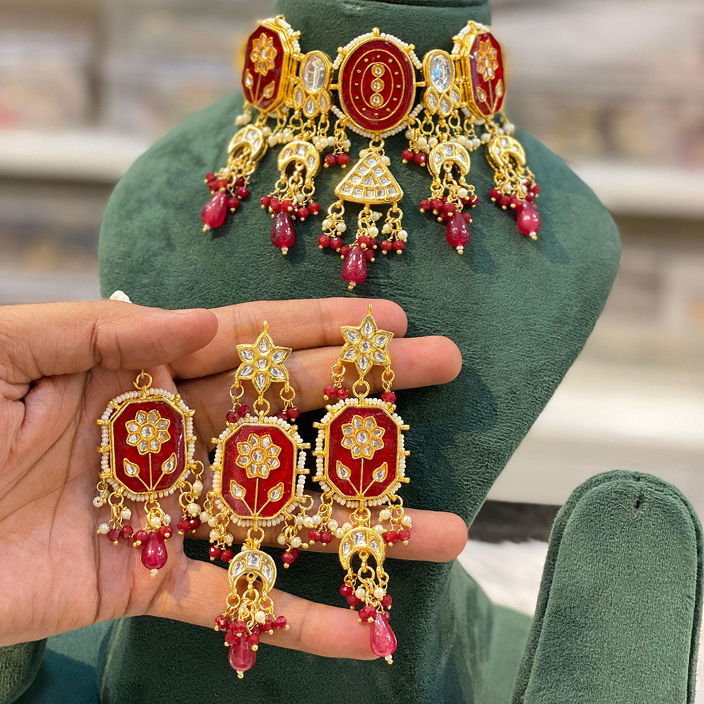 Hira Collections Traditional Kundan And Beads Meenakari Designer Choker Necklace Set
