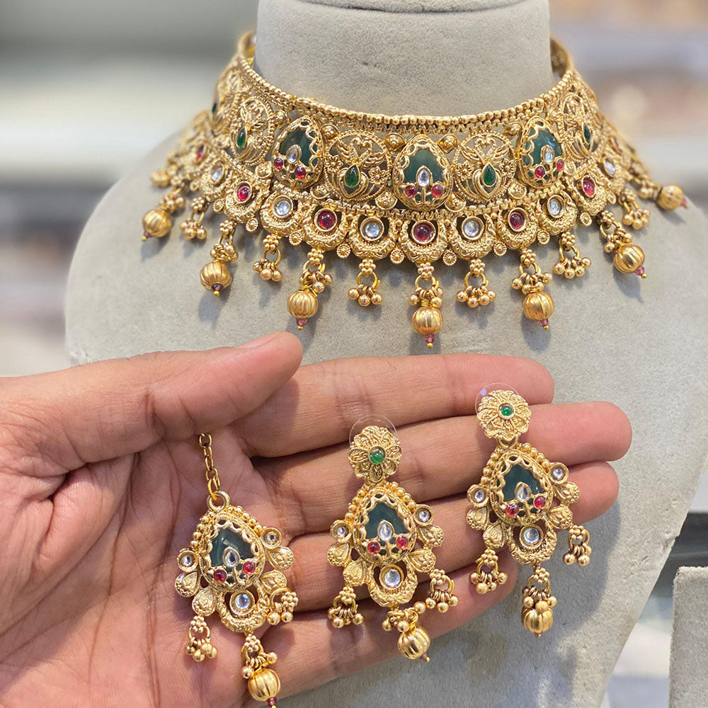 Hira Collections Classic Pota Stone And Beads Choker Necklace Set