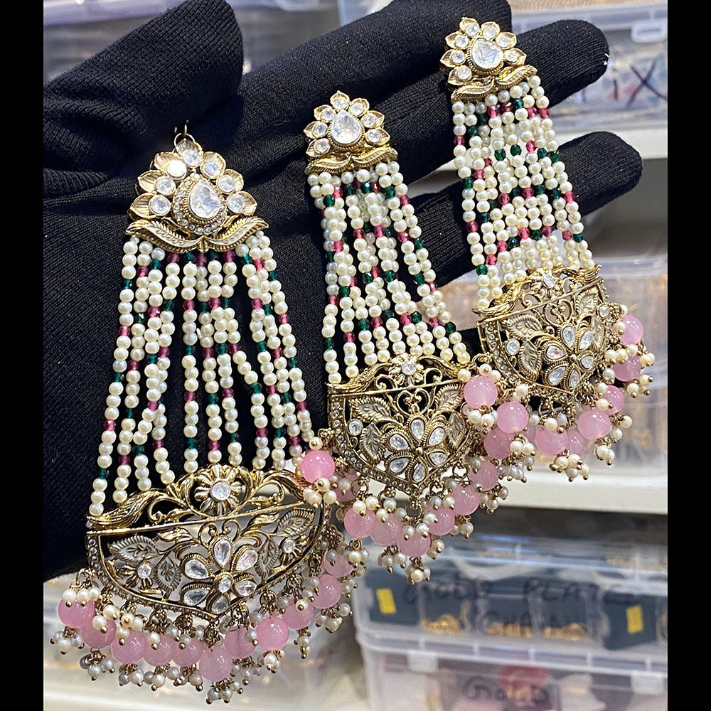 Hira Collections Royal Austrian Stone Pearl And Beads Earrings With Elegant Maangtikka Set