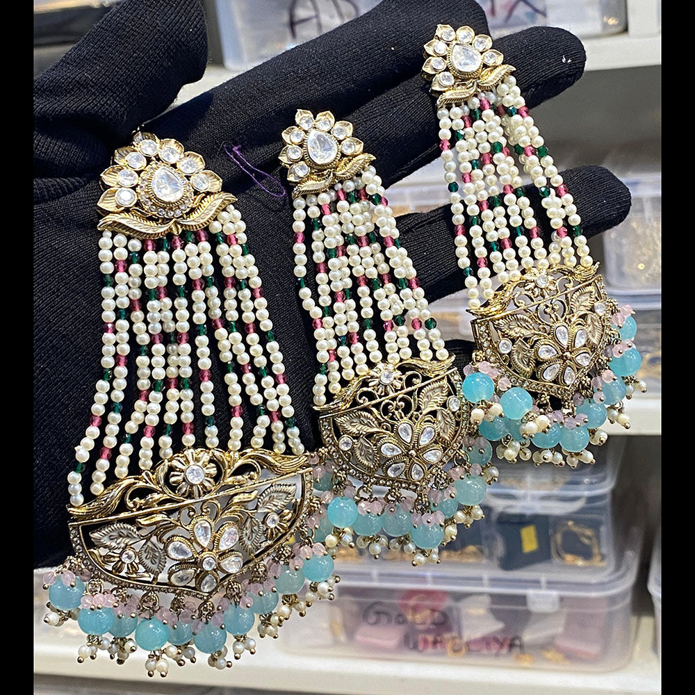 Hira Collections Royal Austrian Stone Pearl And Beads Earrings With Elegant Maangtikka Set