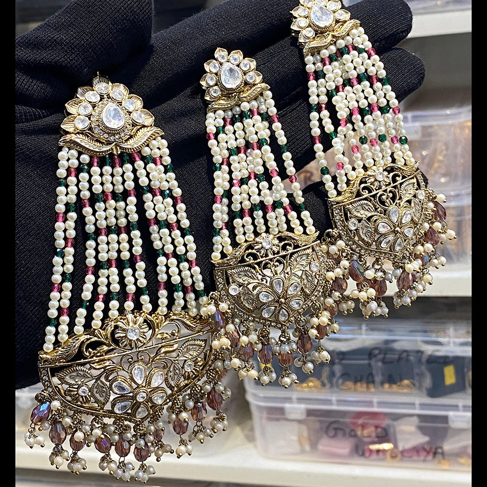 Hira Collections Royal Austrian Stone Pearl And Beads Earrings With Elegant Maangtikka Set