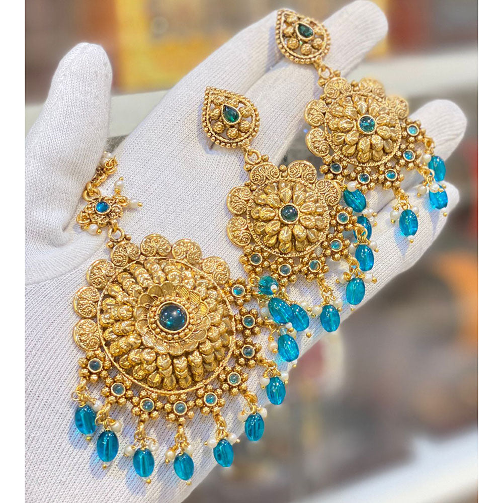 Hira Collections Royal Pota Stone And Beads Earrings With Elegant Maangtikka Set