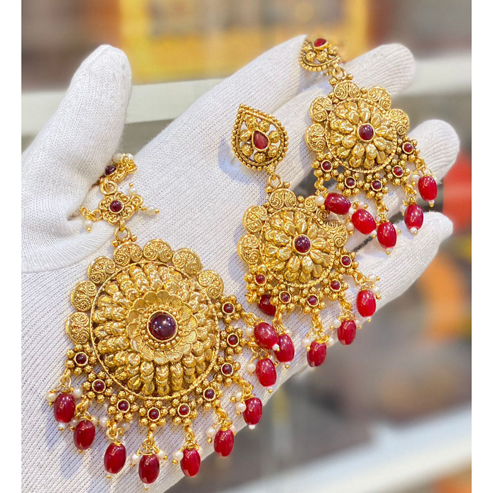 Hira Collections Royal Pota Stone And Beads Earrings With Elegant Maangtikka Set